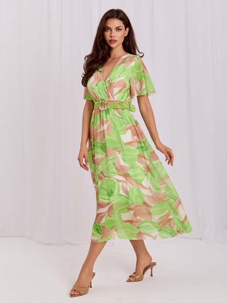 Beżowo-zielona sukienka midi w kolorowe wzory