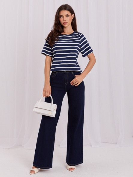 Granatowo-biały damski t-shirt basic w paski  RUE PARIS 