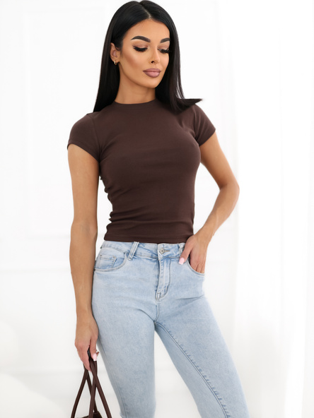 Brązowy damski t-shirt basic z okrągłym dekoltem