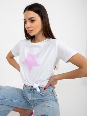 Hurt Biało-jasnofioletowy bawełniany t-shirt z nadrukiem