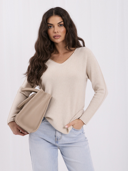 Beżowy damski sweter basic z dekoltem V
