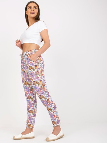 Biało-fioletowe letnie spodnie z materiału we wzory SUBLEVEL 