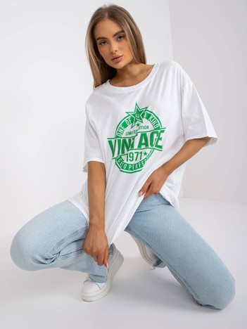 Biało-zielony t-shirt oversize z aplikacją 