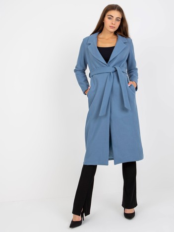Ciemnoniebieski płaszcz z wiązaniem i kieszeniami OCH BELLA 
