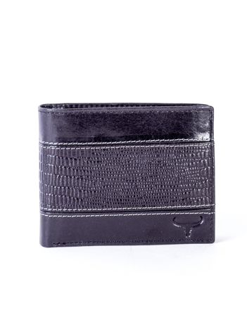 Czarny portfel męski ze skóry z poziomym tłoczeniem