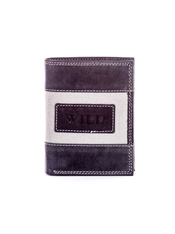 Czarny skórzany portfel dla mężczyzny z materiałową wstawką