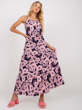 Granatowo-różowa maxi sukienka z printami i falbaną SUBLEVEL