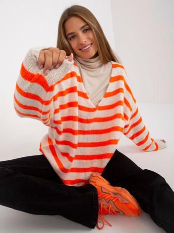 Hurt Biało-pomarańczowy sweter oversize z dekoltem V OCH BELLA 