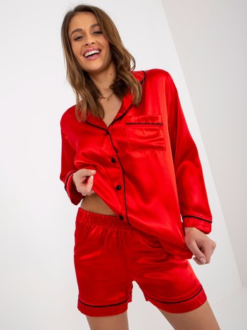 Hurt Czerwona damska piżama satynowa z szortami i koszulą