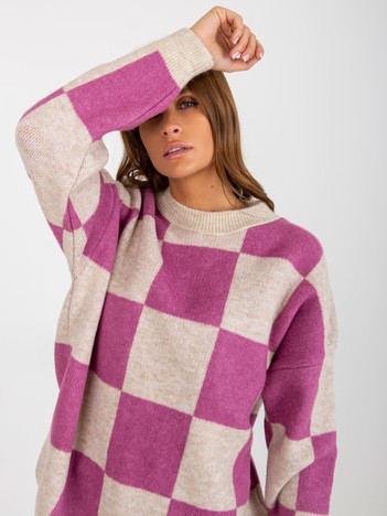 Hurt Fioletowo-beżowy damski sweter oversize w kratę 