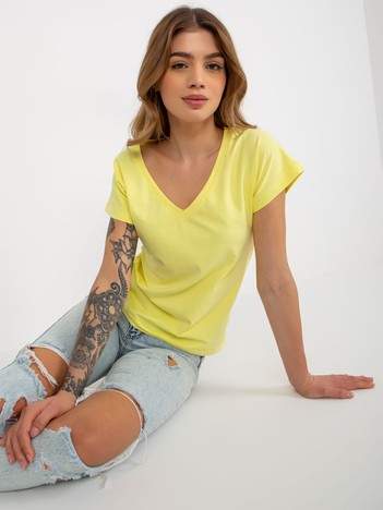 Hurt Jasnożółty jednokolorowy t-shirt basic z dekoltem V 