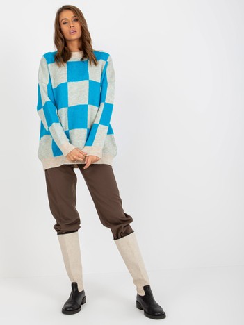 Hurt Niebiesko-beżowy damski sweter oversize w kratę