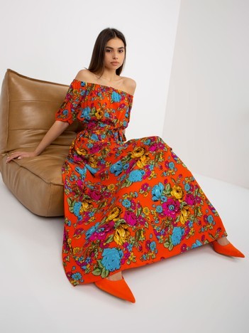 Hurt Pomarańczowa rozkloszowana sukienka hiszpanka w kwiaty