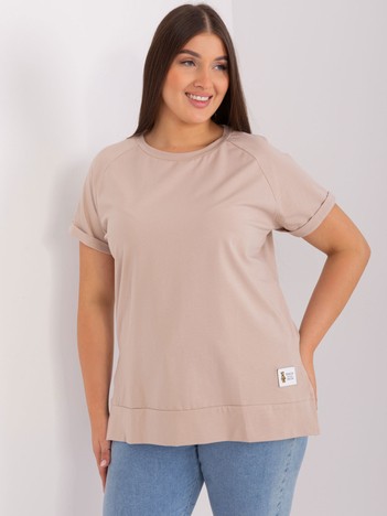 Hurtownia Beżowa bluzka plus size basic z okrągłym dekoltem