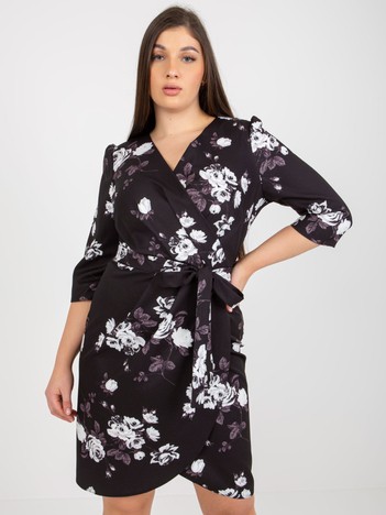 Hurtownia Czarna kopertowa sukienka plus size w kwiaty