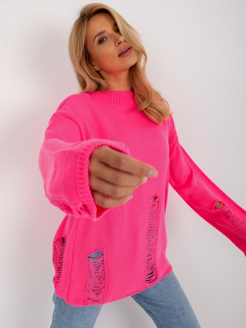 Hurtownia Fluo różowy damski sweter oversize z wełną 