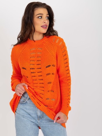Hurtownia Pomarańczowy ażurowy sweter oversize z wełną