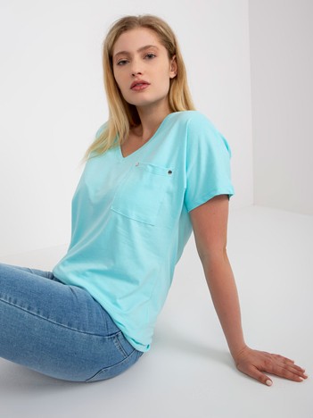 Miętowy bawełniany t-shirt plus size z kieszenią 