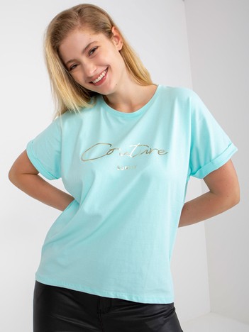 Miętowy bawełniany t-shirt plus size z napisem 