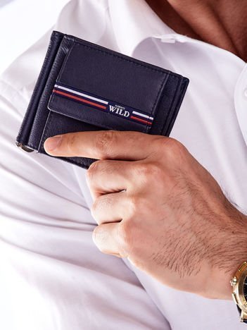 Niebieski męski portfel skórzany z zewnętrzną kieszenią