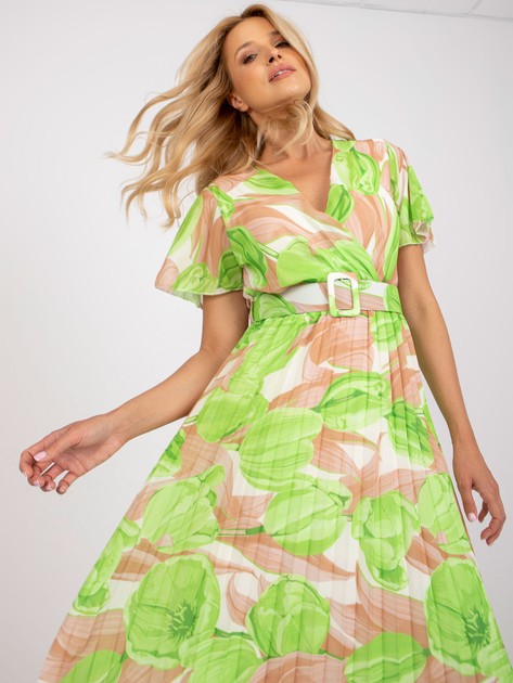 Beżowo-zielona midi sukienka one size z plisowaniem