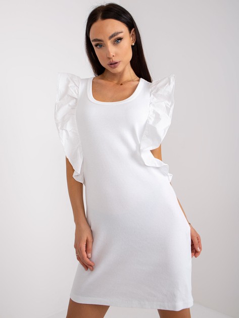 Biała prążkowana mini sukienka z falbankami