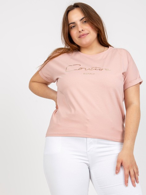 Brudnoróżowy damski t-shirt plus size z napisem