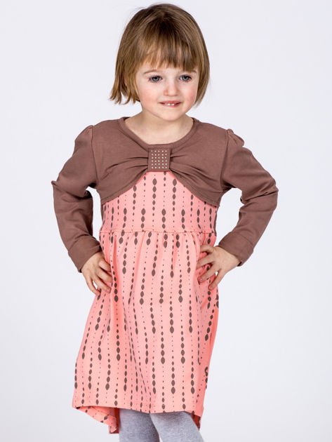 Brzoskwiniowa bawełniana sukienka dziecięca ze wzorem i długim rękawem