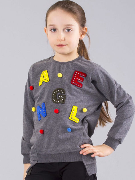 Ciemnoszara bluza dziewczęca z aplikacją i pomponikami