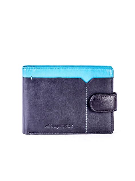 Czarno-niebieski skórzany portfel z przeszyciem i kolorową wstawką