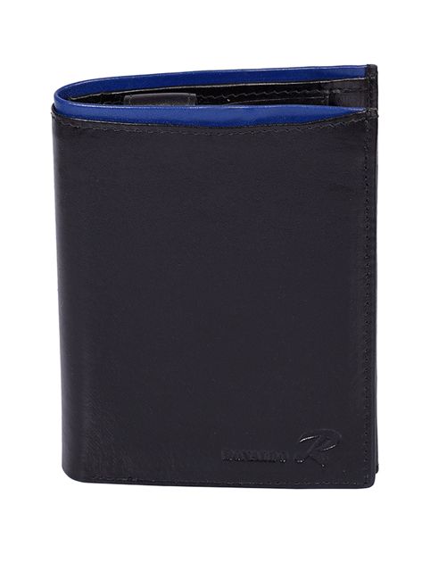 Czarny portfel skórzany męski z niebieskim wykończeniem 
