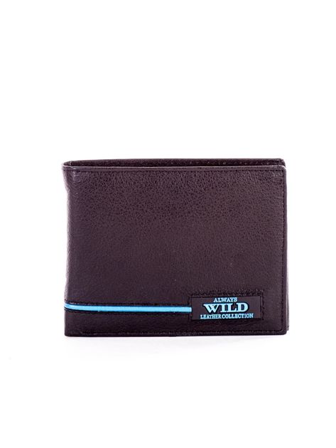 Czarny portfel skórzany z niebieskimi wstawkami