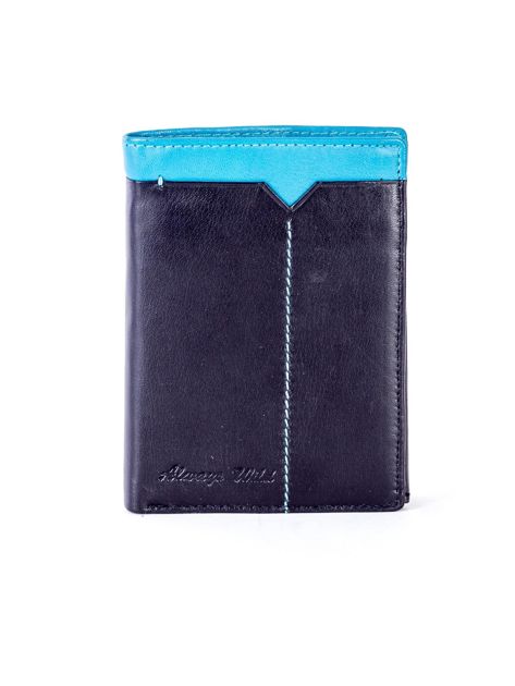 Czarny skórzany portfel z niebieską wstawką