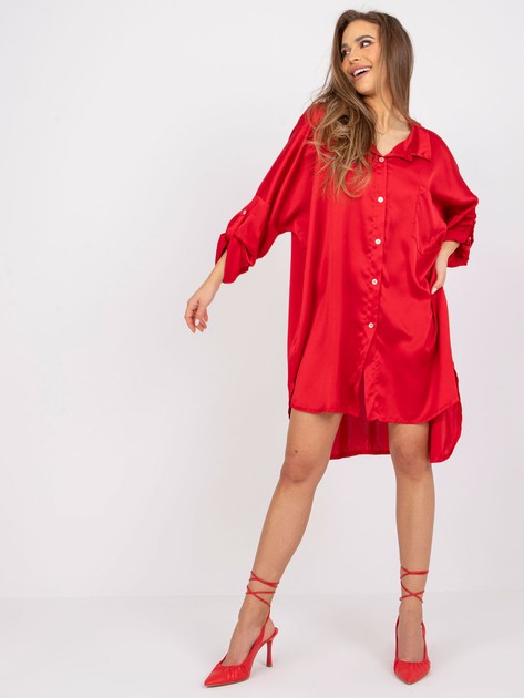 Czerwona gładka sukienka koszulowa oversize Flevoland
                             zdj. 
                            2