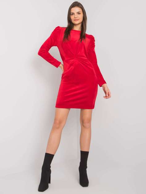 Czerwona sukienka welurowa z długim rękawem Ellara RUE PARIS
                             zdj. 
                            1