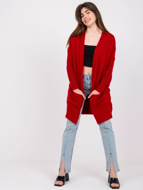 Czerwony długi sweter damski z kieszeniami Barreiro RUE PARIS
                             zdj. 
                            2