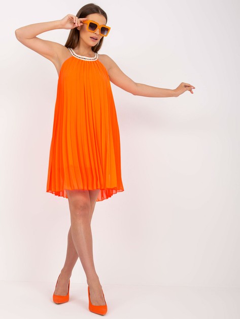 Fluo pomarańczowa zwiewna sukienka one size z plisowaniem 
