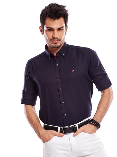 Granatowa koszula męska regular fit z podwijanymi rękawami 
                             zdj. 
                            1
