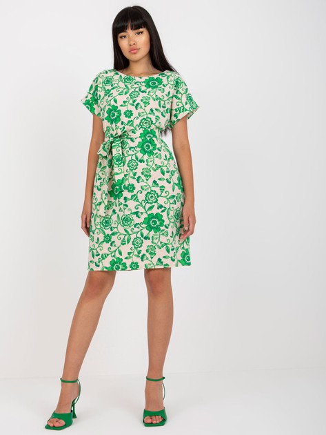 Hurt Beżowo-zielona lniana sukienka w kwiaty z wiązaniem 