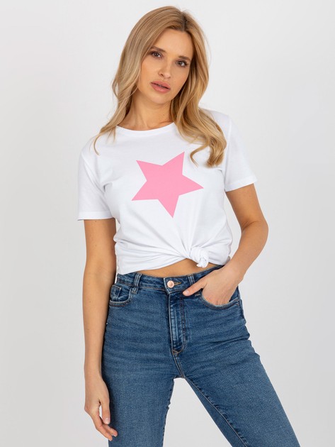 Hurt Biało-różowy damski t-shirt z nadrukiem BASIC FEEL GOOD