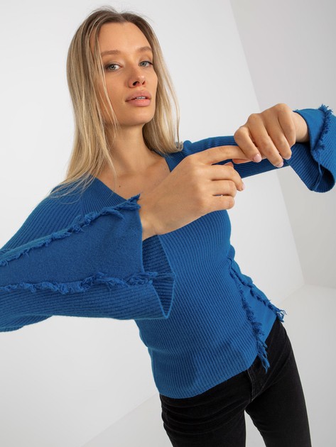 Hurt Ciemnoniebieski prążkowany sweter klasyczny z dekoltem w serek