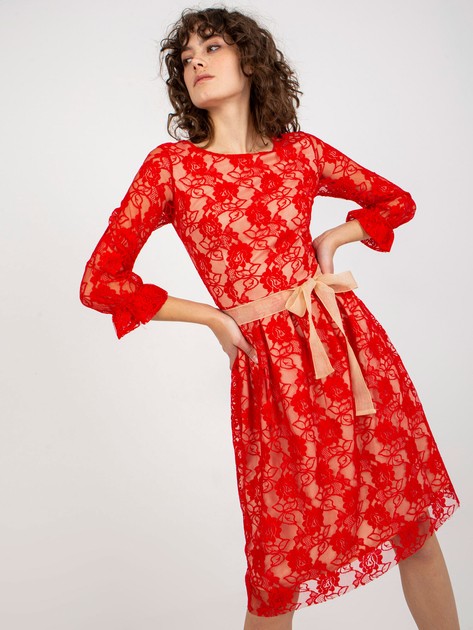 Hurt Czerwona elegancka midi sukienka koktajlowa z koronką 