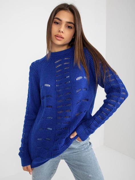 Hurt Kobaltowy dłuższy sweter oversize w ażurowy wzór