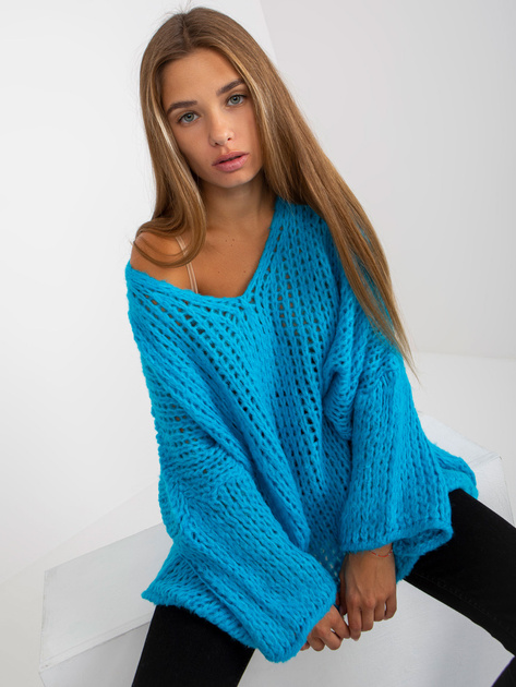 Hurt Niebieski sweter oversize z dodatkiem w serek OCH BELLA 