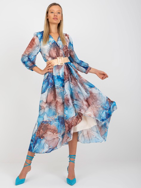 Hurt Niebiesko-brązowa sukienka z printami i kopertowym dekoltem Janesville 