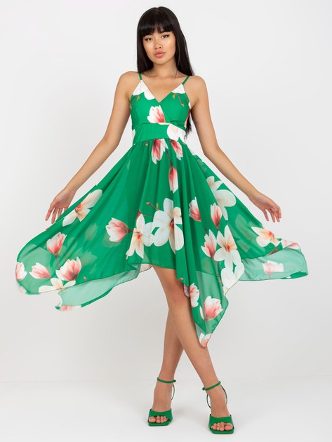 Zielona asymetryczna sukienka na ramiączkach z printem 