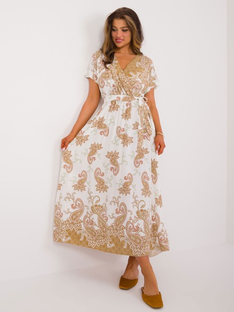 Hurtownia Camelowo-biała długa sukienka we wzory
