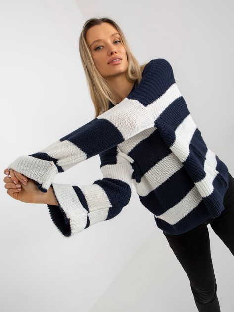 Hurtownia Granatowo-ecru damski sweter oversize w paski
