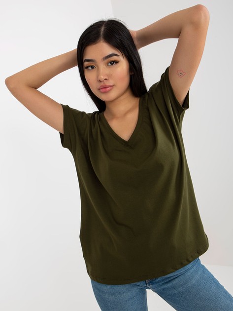 Hurtownia Khaki gładki t-shirt basic z dekoltem V Emory