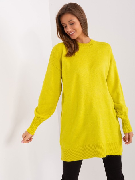 Hurtownia Limonkowy sweter damski oversize z długim rękawem